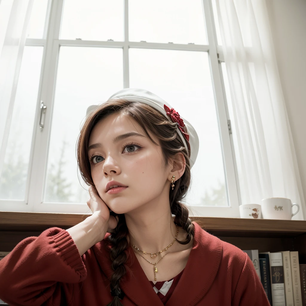 (Masterpiece:1.3), (Best Quality:1.3),inside,Bookshelf,window,Alone,1 girl, journey_black beer, Upper part of the body, standing,Brown Hair, Brown eyes, Alone, Hairclip, earrings, jewelry, short_Hair, White_hats, has, Hair_ornament, Brown_gloves, collar, short_shorts, x Hair ornament, red shorts, braid,