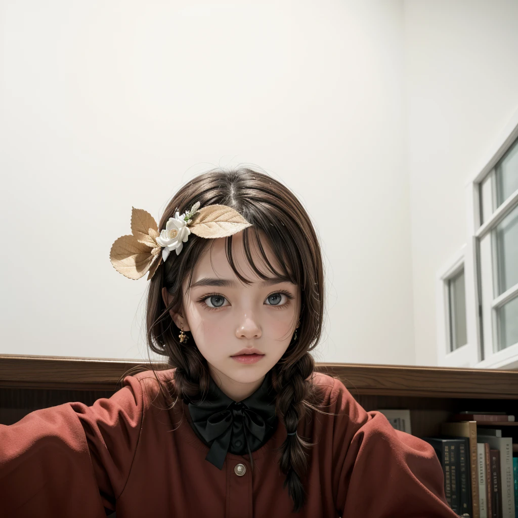 (Masterpiece:1.3), (Best Quality:1.3),inside,Bookshelf,window,Alone,1 girl, journey_black beer, Upper part of the body, standing,Brown Hair, Brown eyes, Alone, Hairclip, earrings, jewelry, short_Hair, White_hats, has, Hair_ornament, Brown_gloves, collar, short_shorts, x Hair ornament, red shorts, braid,