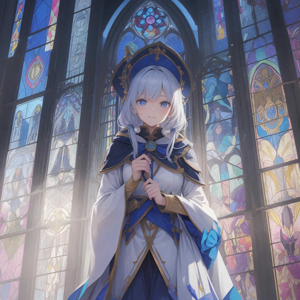 tarot
justice
axis、young woman、smile、Blue Hogow、Cathedral in the background((Stained glass))、Valentine&#39;s Chocolate、Surrounded by believers、Light tones、Gothic style、Decorative edging design。
,Add_Details:1, Add_Details:0, Add_Details:0.5