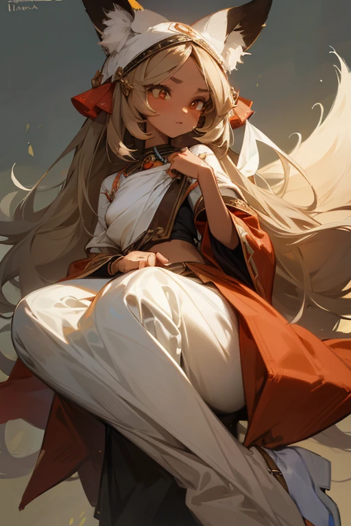 a beautiful girl character resulting from a hybrid marriage between a human and a fox, plain face, modest clothes, brownish skin