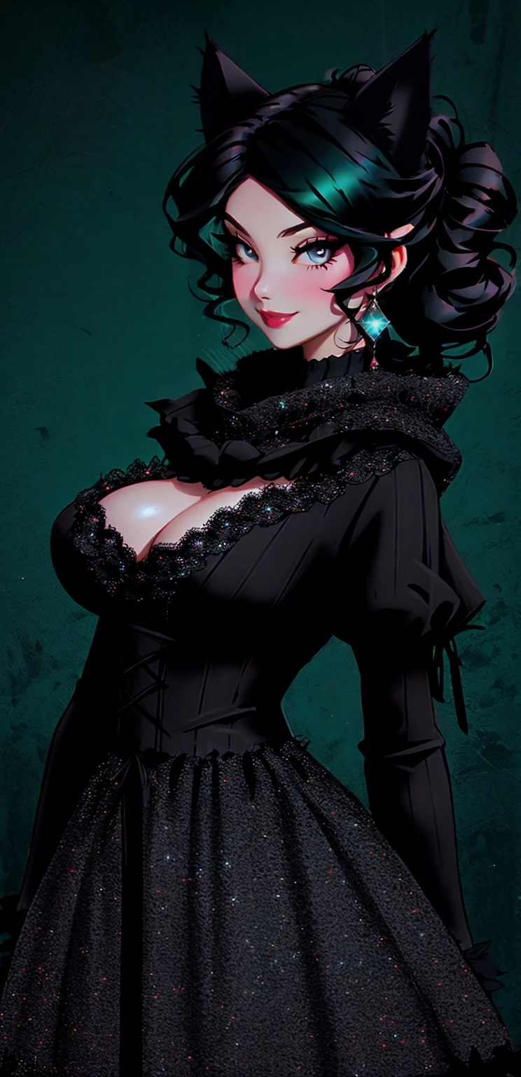 A Cat girl wearing black lacey dress, Fantasy outfit. Black curly hair in an updo with feathers as a cowl, with teal eyes and red makeup, full body, gothic, grungey, smirk, mischevious smile, cat girl
