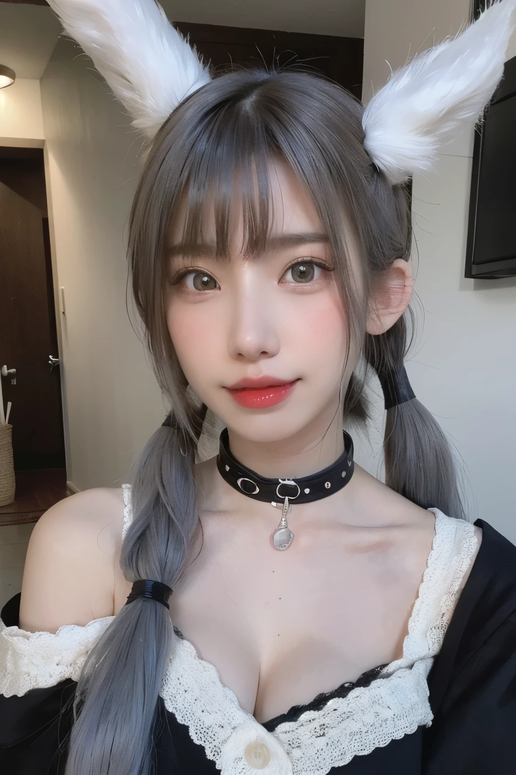 RAW Photos,(8K)、(Highest quality: 1.2)、(Real)、(Real: 1.37)、Ultra-high resolution、 A young woman with purple and grey hair in twin tails is looking at the camera。She is wearing a black dress、There is a piercing in the lip。In the background you can see wallpaper with a rabbit pattern.。Half Korean and half Japan、Korean is 60% 、18-year-old、cute、smile、Mouth closed、Thick lips、Red lips、freckled face、Aquiline Nose、