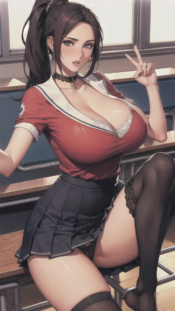 ((Correct Anatomy))、(Female student)、((school uniform))、((Short sleeve))、(Mini Pleated Skirt),(((Black Stockings))),((Lace panties)),((School classroom)),Ultra-high resolution,Mature Woman, Mature Woman, Very detailed,Sunburned skin,Brown Skin, (Big Breasts),((Beautiful feet)),Perfect hands, Detailed fingers, Beautiful details, ((Long Hair)),((ponytail)),Black Choker, Earrings,Perfect Eyes, Captivating eyes