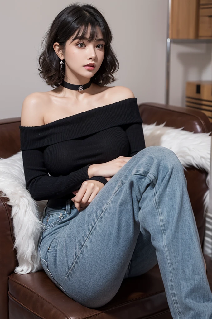 Big Tits,Clothing,Décolletage,Off the shoulder,Plump flesh,254K,choker,Heavy makeup,Center-parted bangs,Silver ash hair color,Curly Hair,Black sweater,jeans,Sitting with legs crossed
