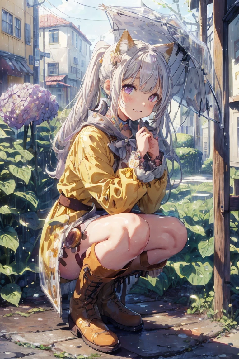 (((masterpiece))), (((Highest quality))), ((Very detailed)), ((Very detailedなイラスト)), ((Ultra-fine painting)), (16K Highest quality wallpaper:1.4), (Detailed and elaborate illustration style,:1.8) Detailed skin texture, High quality fabric, , (T-masterpiece), (Very detailedな顔:1.4), original, RAW Photos, Professional, Intricate details, Very detailed, Direct sunlight:1.6, ,(Cowboy Shot:1.9)、(Perfect Anatomy:1.4), (Extremely elaborate hands:1.2), (Very elaborate fingers:1.2), (Very elaborate fingers先:1.2),, (alone:1.6), (beautiful anD aDorable cat ears:1.6), (Intricate and delicate cat ears:1.4), (beautiful, Shiny white hair:1.6), (Very fine and delicate white hair:1.4),, (Very detailedな顔:1.4),(Light purple eyes:1.4),(smile:1.4),One Girl,rainbow,raincoat,yellow raincoat,rubber Knee-high boots,Hydrangea,flower,Long Hair,Twin tails,Knee-high boots,blush,umbrella,Open your mouth,hair ornaments,white background,Food,alone,Terboz,very Long Hair,Food up,Long sleeve,Low Ponytail,bow,bangs,smile,animal Food,closeD umbrella,puddle,Cowboy Shot、Squat,:D,snails,Yellow footwear, background,pink flower,Are standing,leaf umbrella,Holding umbrella,fooD-themeD hair ornaments,hair bow,animal ears,Holding,Blonde,hair flower,rain,animal,Gray Hair、Light purple eyes、Bob Hair、Laughter、Purple Raincoat、
