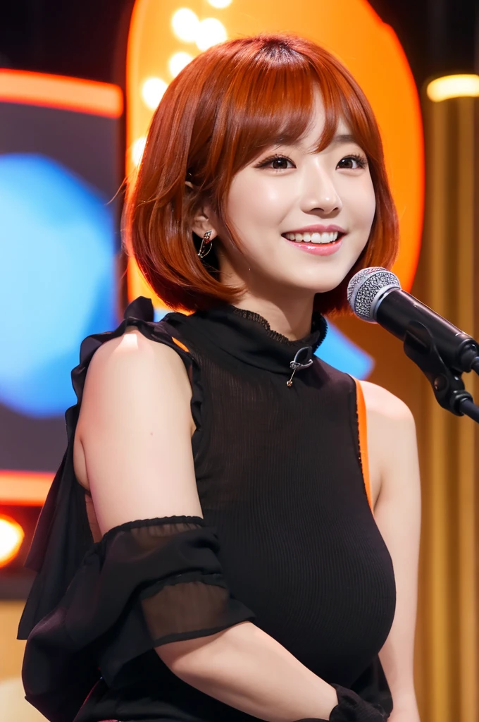 Please create an image of a Japanese woman in her 20s who looks like an idol、Black blouse、Facing forward、Short Bob、Orange Hair、indoor、Ultra HD、Highest Resolution、Put your entire upper body in、Hold the microphone、smile, Vertical aspect ratio