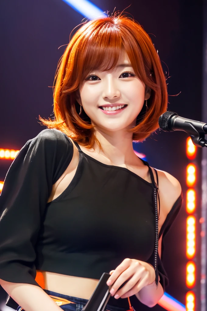 Please create an image of a Japanese woman in her 20s who looks like an idol、Black blouse、Facing forward、Short Bob、Orange Hair、indoor、Ultra HD、Highest Resolution、Put your entire upper body in、Hold the microphone、smile, Vertical aspect ratio