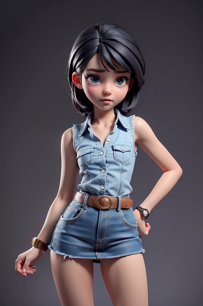 (((((alone))))),(((((masterpiece))))), (((((Best Quality))))),(((((Very detailed))))), finely, Depth of written boundary, Sharp details, Detailed clothing, High resolution,One girl,Beautiful detailed face:), ,(((Slim Body))),(((Small Ass))),(((Denim mini skirt))),(((Wear a belt))),(Wearing a sleeveless collared shirt))),(((Wearing a watch))),(((Sandals))),(((Cowboy Shot))),(((I am going to cry))),(((Monotone background))),((Engage your audience)))