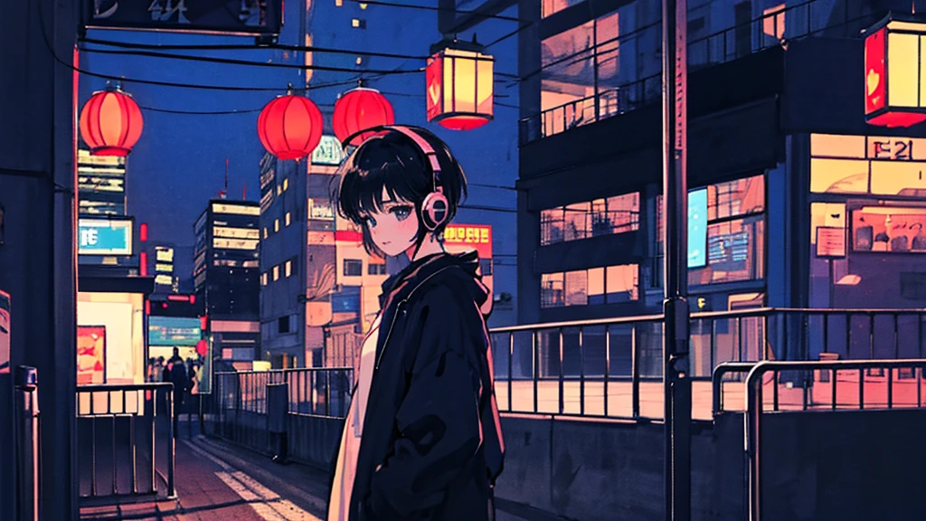 Black short Hair, Black Clothing, One Adult Woman Looking Sideways ,Blue headphones、 City of night, Delicate background、Masterpiece、Night Town、night、dark、Nostalgic、Street Corner、wall、wall
