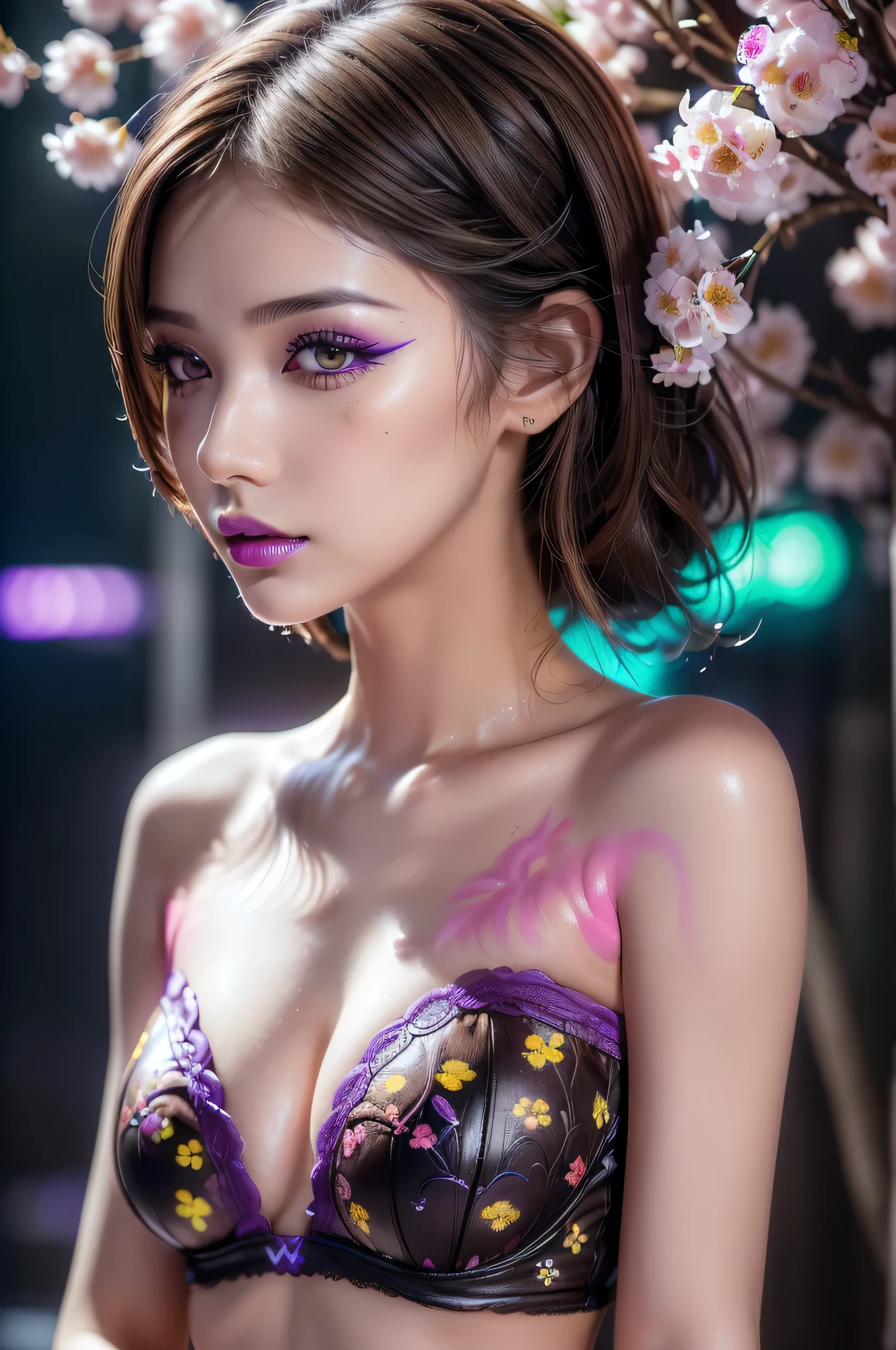 ((portrait of a girl in the dark, ultraviolet light on her:1.22)), (1girl: 1.3, 22 years), ((Glowing 3D objects interact with graphics,Super detailed illustrations)),photorealistic Realism 8K, 16K Quality, fashion supermodel, (Glamour, paparazzi taking pictures of her), (ultra absurd quality, extremely detailed detail, hyper resolution, clear sharp focus, not blurry, (perfect round, Realistic brown eyes:1.25)), (extremely beautiful face, beautiful lips), pink_makeup:1.2, blue_eyeliner, red_lipstick:1.2,(perfect dark_eyeshadows), (Detailed nose:1.2), Intricate detail face, best high quality real texture skin, (perfect composition), ((creative spring flowers uv portrait glowin neon body art painting)), ((fluorescent flower clusters printed on her skin: 1.27)), ((fluorescent paint whole body:1.35)), ((A model shows off glowing body paint covering her private parts in a vivid artistic display))), ((Beautiful girl with long legs and good style:1.2)), (dynamic pose:1.25),((no_Pantise)),(Erotic:1.33), (((cowboy shot))),