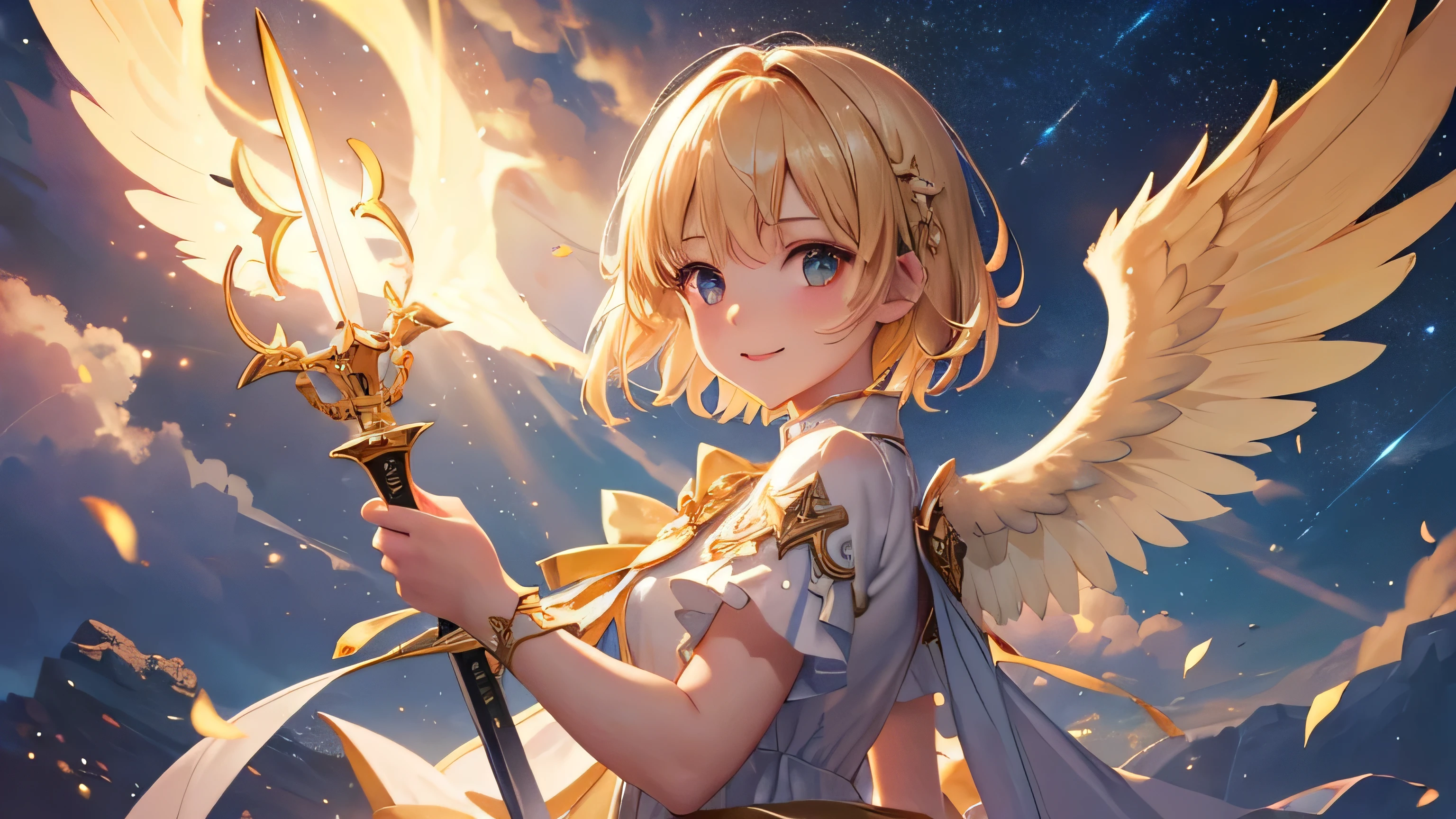 {Masterpiece、Highest quality、8K resolution、Ultra fine、Sharp focus、Depth of written boundary、Cinematic Lighting、Realistic Shadows}、Angel girl holding a sword、Angel Wings、Golden flames around the sword、Blonde、short hair、looking at the camera、White angel clothes、Baby Face、Top left patch、smile、Starry Sky