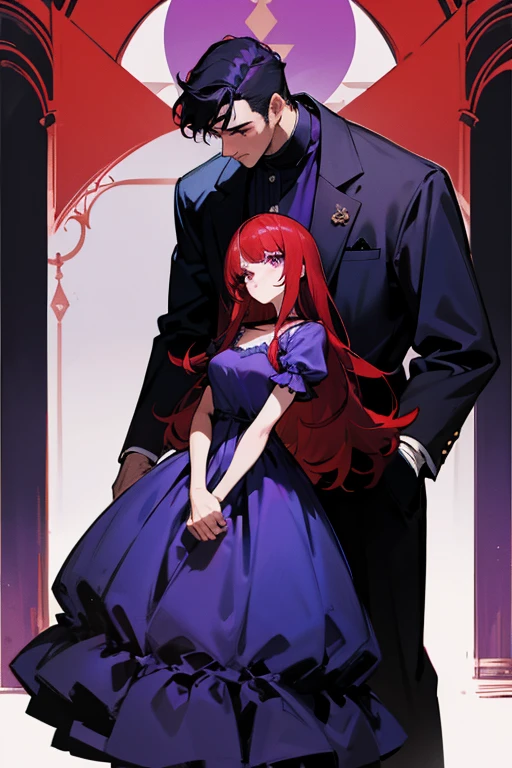 red hair woman,purple eyes,blue dress and a tall black haired man