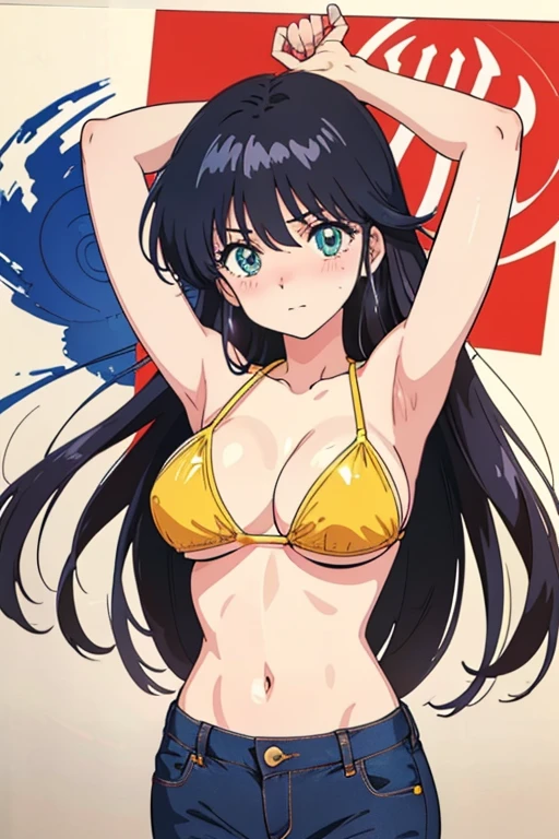 (masutepiece, Best Quality, High resolution:1.5, anime colours, megami magazine:1.2, anime poster style, anime keyvisual, sharp, 8k, photorealistic), (beautiful detailed eyes:1.5, beautiful detailed face:1.2), madoka ayukawa, 1girl, blush, (black hair, Long Hair), (sagging large breasts), (yellow bikini), short denim, cowboy shot, (Perfect detailed Anatomy, beautiful detailed hair, beautiful detailed body:1.2, shiny skin), (thick outline, Beautiful outlines, black outlines), simple background