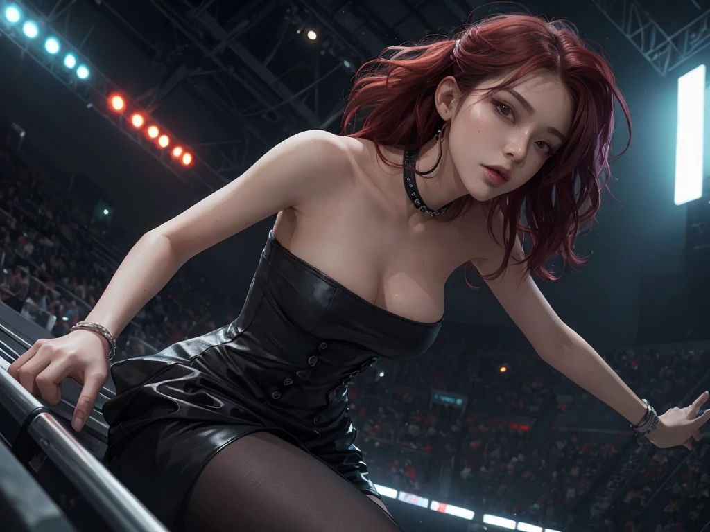 splash art, riot games, original art, 1 women, 4k, ((low pov)), low shot, low angle, ((dynamic angle)), ((visual effect)), ultra realistic, ((dark)),  dark environment with neon lighting, neon, big stadium concert venue, singer, rockstar, concert, beautiful lighting effect, sexy, (((seductive))), speed movement, magic, ultra detailed, red medium hair, sexy black dress, strapless tube top dress, beutiful pose, cinematic, action.