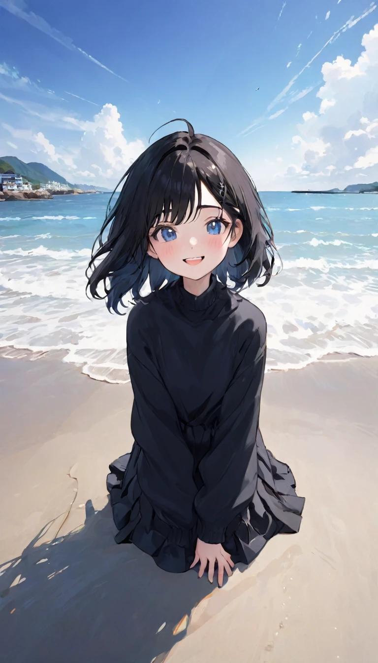 ((最high quality, 8K, masterpiece: 1.3, Ultra HD, high quality, 最high quality, High resolution, realism)) 、Beautiful 18 year old Caucasian female、Hair color is black、Iridium Hair、My hair is wavy、smile、I want to keep my head out of the screen.、sit on a high breakwater on the beach、The blue sky is beautiful、There is a cloud at the entrance、that'summer、I'm wearing a sailor suit、Wearing a navy blue pleated skirt、Wear loafers、There is a road in front of the breakwater.、There is a sign indicating the bus stop.、The sea is beautiful、Beautiful Horizon、An island can be seen offshore