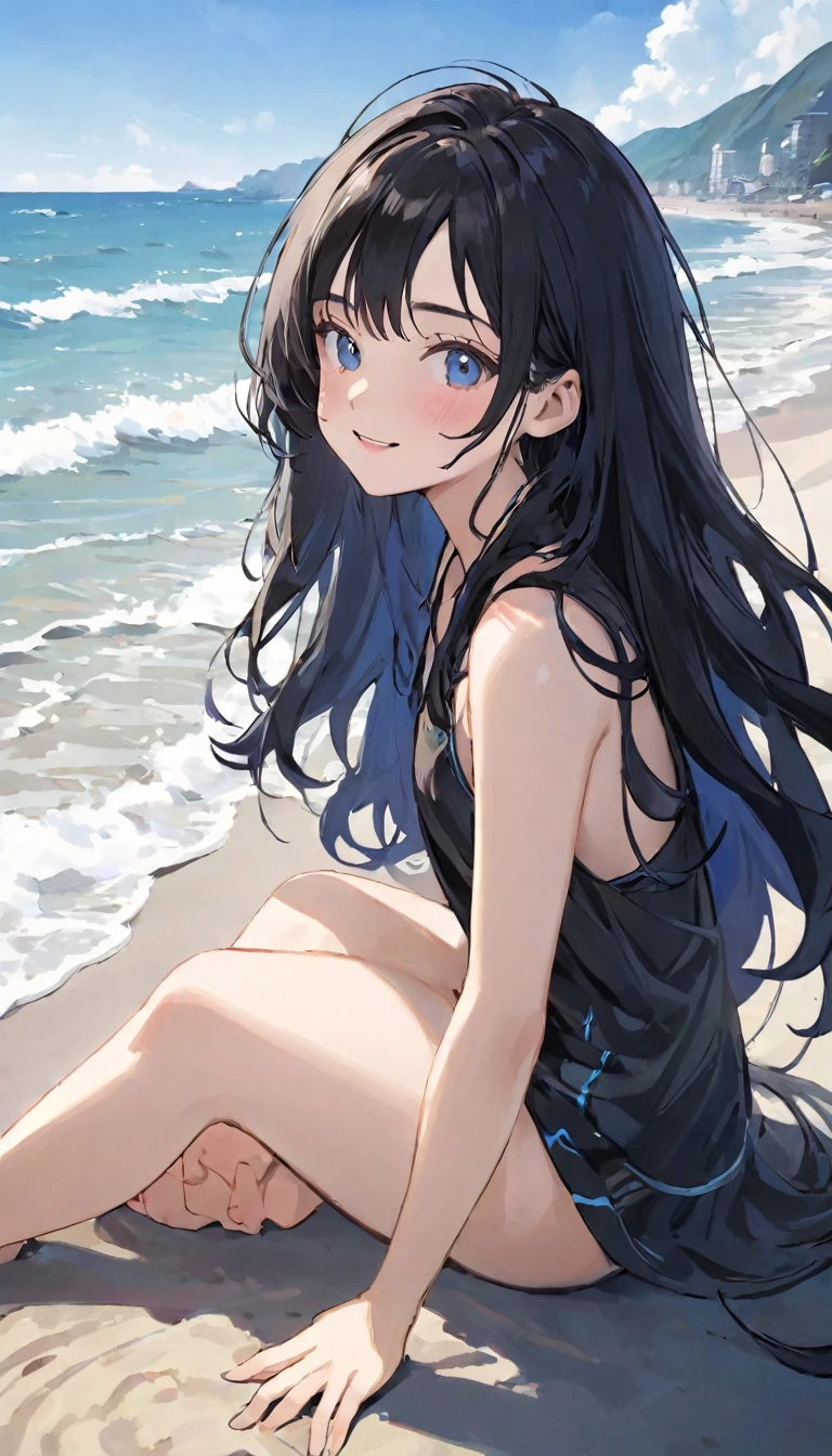 ((最high quality, 8K, masterpiece: 1.3, Ultra HD, high quality, 最high quality, High resolution, realism)) 、Beautiful 18 year old Caucasian female、Hair color is black、Iridium Hair、My hair is wavy、smile、I want to keep my head out of the screen.、sit on a high breakwater on the beach、The blue sky is beautiful、There is a cloud at the entrance、that'summer、I'm wearing a sailor suit、Wearing a navy blue pleated skirt、Wear loafers、There is a road in front of the breakwater.、There is a sign indicating the bus stop.、The sea is beautiful、Beautiful Horizon、An island can be seen offshore