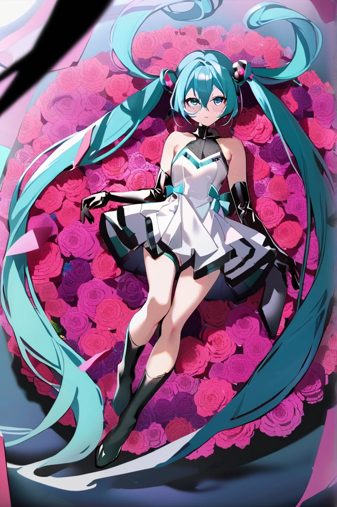 masterpiece, Highest quality, One girl, alone, Long Hair, hatsune miku, Twin tails, very Long Hair, dress, Blue Hair, gloves, whole body, blue eyes, floating, View your viewers, hair ornaments, No sleeve, black gloves, Multicolored Hair, Facial blemishes, No sleeve dress, flower, Part your lips, absurdly Long Hair, elbow gloves, white dress, Hair between the eyes, Bare shoulders