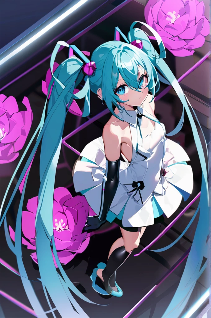 masterpiece, Highest quality, One girl, alone, Long Hair, hatsune miku, Twin tails, very Long Hair, dress, Blue Hair, gloves, whole body, blue eyes, floating, View your viewers, hair ornaments, No sleeve, black gloves, Multicolored Hair, Facial blemishes, No sleeve dress, flower, Part your lips, absurdly Long Hair, elbow gloves, white dress, Hair between the eyes, Bare shoulders