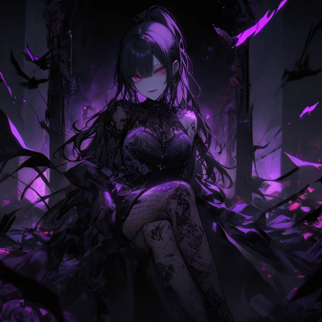 (dark atmosphere,gothic fashion,bright colors),(best quality,Super exquisite,),Sexy goth Vampire girl,In the rose garden at night,Beautiful and delicate eyes,Straight black ponytail with blue tips,Crow feathers,red lipstick,mysterious smile,Pale complexion,fishnet stockings,black lace dress,Pointed-toe bootysterious aura,The moonlight illuminates her elegant silhouette,Soft shadows and soft highlights,Contrasting colors create a vibrant atmosphere,dark and moody color palette,Subtle yet dramatic lighting effects,Sublime darkness intertwined with exquisite moonlight
