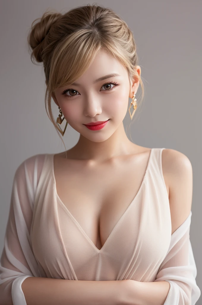 Cute Girl, (ash blond hair), ((very bun hair)), Perfect face, Innocent smile, Upper body,(Cerulean Eyes), (Yan), (Petite), (slender), ((flat ?????)), ((16 only)), ?????????????, Extreme Detail, charming oval face, Red lips, Pink, Glossy skin, detailed hairs, Face Focus, Close-up ?????, Luxurious hair ornaments, Gold Earrings, ((1 girl)), Embarrassed expression,