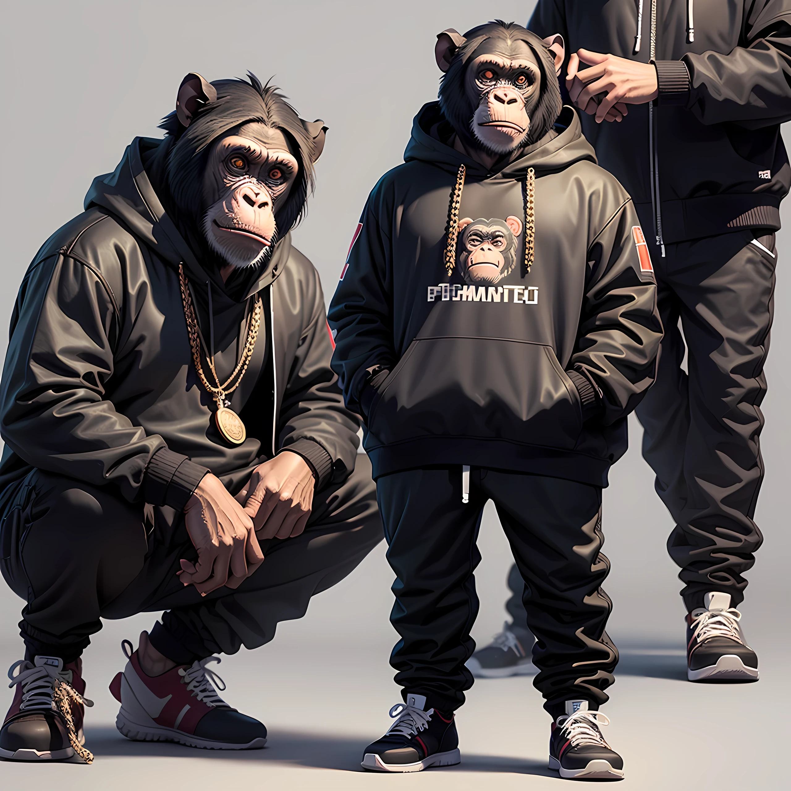 pixelart Generates an image of a Chimpanzee, with current rapper style clothing, Show full body, Transparent background.