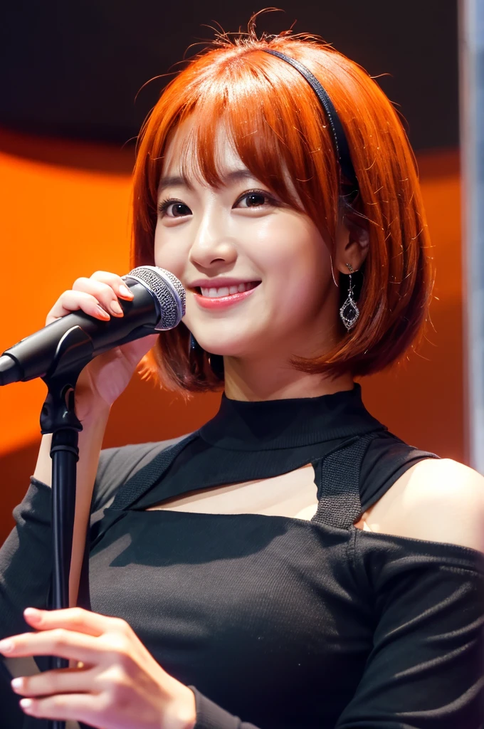 Please create an image of a Japanese woman in her 20s who looks like an idol、Black blouse、Facing forward、Short Bob、Orange Hair、indoor、Ultra HD、Highest Resolution、Put your entire upper body in、Hold the microphone、smile, Vertical aspect ratio