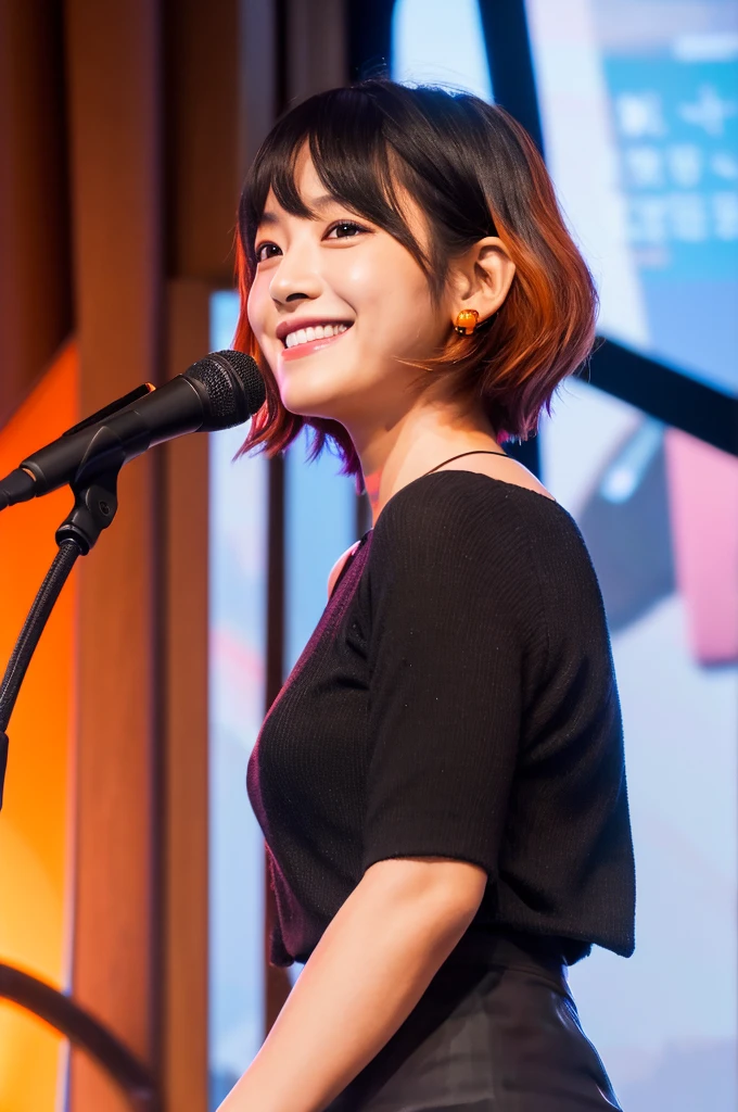 Please create an image of a Japanese woman in her 20s who looks like an idol、Black blouse、Facing forward、Short Bob、Orange Hair、indoor、Ultra HD、Highest Resolution、Put your entire upper body in、Hold the microphone、smile, Vertical aspect ratio