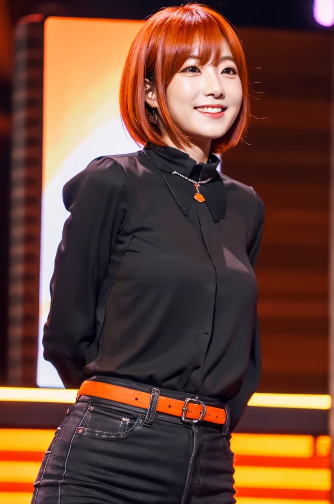 Please create an image of a Japanese woman in her 20s who looks like an idol、Black blouse、Facing forward、Short Bob、Orange Hair、indoor、Ultra HD、Highest Resolution、Put your entire upper body in、Hold the microphone、smile, Vertical aspect ratio