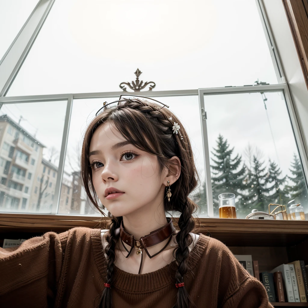 (Masterpiece:1.3), (Best Quality:1.3),inside,Bookshelf,window,Alone,1 girl, journey_black beer, Upper part of the body, standing,Brown Hair, Brown eyes, Alone, Hairclip, earrings, jewelry, short_Hair, White_hats, has, Hair_ornament, Brown_gloves, collar, short_shorts, x Hair ornament, red shorts, braid,