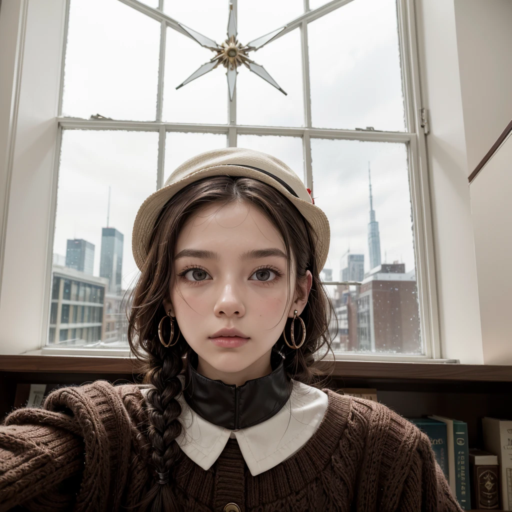  (Masterpiece:1.3), (Best Quality:1.3),inside,Bookshelf,window,Alone,1 girl, journey_black beer, Upper part of the body, standing,Brown Hair, Brown eyes, Alone, Hairclip, earrings, jewelry, short_Hair, White_hats, has, Hair_ornament, Brown_gloves, collar, short_shorts, x Hair ornament, red shorts, braid,