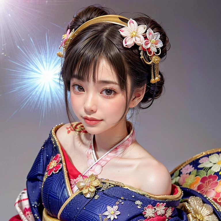 (PUNIPUNI offshoulDer KIMONO offshoulDer KANZASHI flowers Hairpin Twin bun Oiran-Hair)High-level, 8K Masterpiece TopQuality, Ultra-DetaileD CG, AbsurD DetaileD wallpaper, PerfectLighting, Extremely DetaileD (((Personifying " Oiran " as a KAWAII Girl))), Characteristic Items, aesthetic LifeLike RenDering, MysticSight, Haze TynDall Scattering, (StuDio GRAY BackgrounD with (OoDles Dazzling IriDescent Particles (bokeh))), (((Assfocus)) RounDlyButt) ThighGap, (ExposeD:0.44) 🔞 BREAK (Acutance:0.8), (NOGIZAKA FaceVariations) Extremely DetaileD very KAWAII FaceVariations, ChilDish CaptivatingGaze ElaboratePupils DetaileD Eyes with (SparklingHighlights:1.28), (Voluminous LongEyelashes:0.88)、Glossy ReDLips with beautiful Details, CoquettishTongue, RosyCheeks, RaDiant PearlSkin with Transparency, Glowing DowneyHair . { (Dynamic LifeLike expressions:1.4) | (:D) }, (large eyes:-1) .