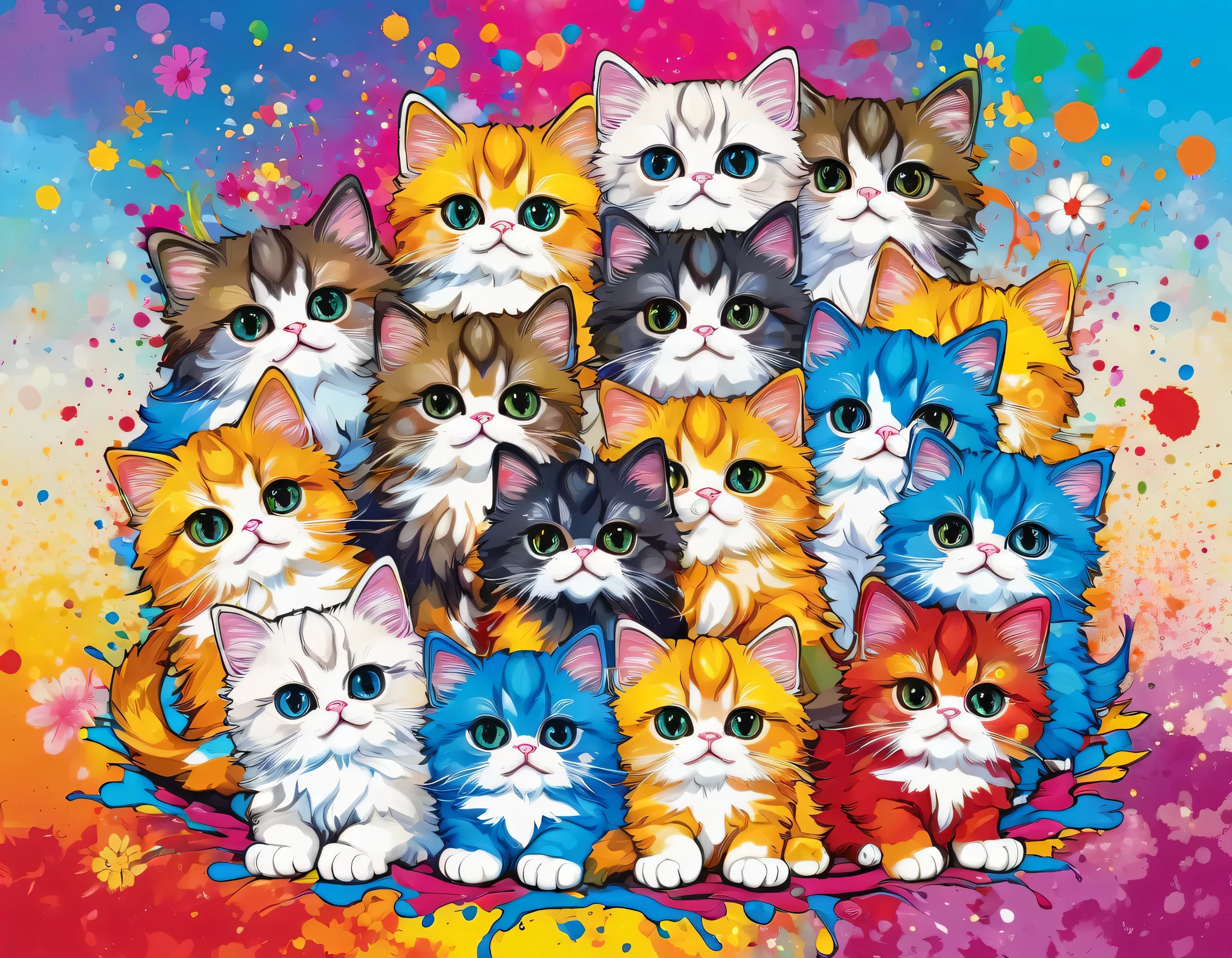 Takashi Murakami style, Colorful illustration with lots of cute Persian kittens, In the center, Vibrant colors, Paint splatters and stains, High Detail,Hawaiian style background
