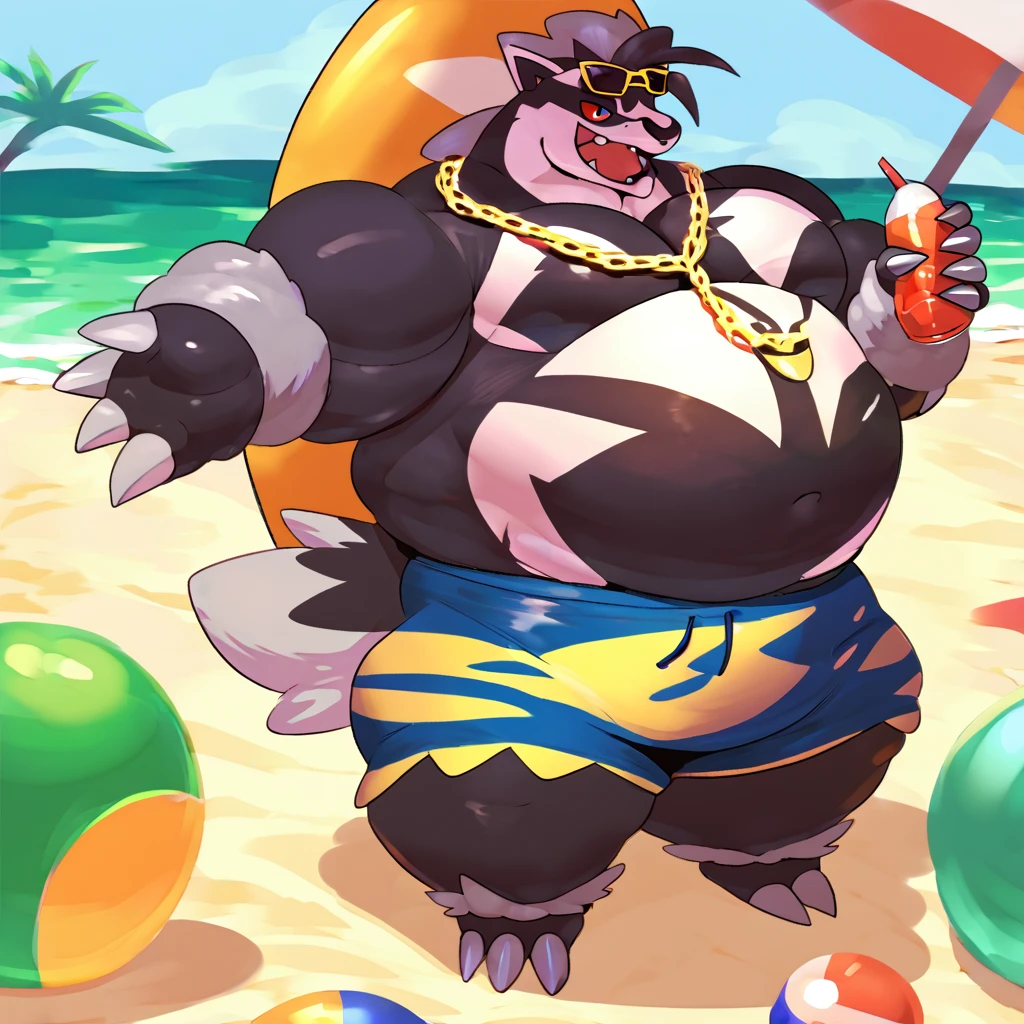 score_9_up, solo, male obstagoon, anthro, male, pokemon, pokemon \(species\), generation 1 pokemon, sunglasses on head, gold chain necklace, shirtless, swimming shorts, belching, holding soda, beach party, inflating, inflated arms, inflated legs, body inflation