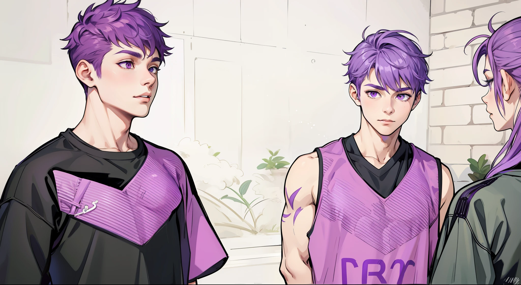 Two boys with purple hair and purple eyes, they are 18 years old, they are in front of a girl with purple hair who is giving them instructions.
