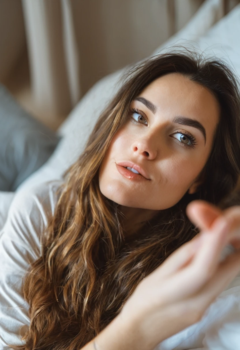 A 25-year-old woman A selfie in bed, blowing natural a kiss to the camera