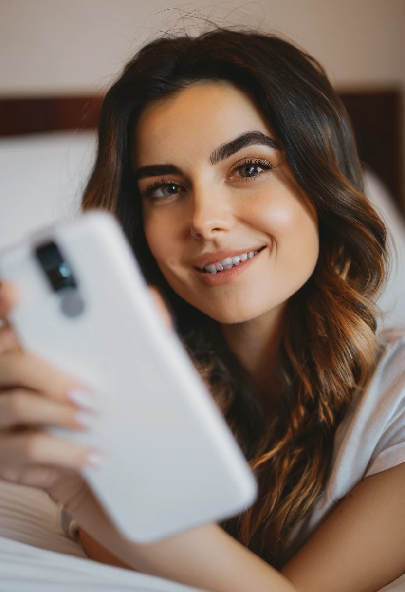 A 25-year-old woman A selfie in bed, blowing natural a kiss to the camera