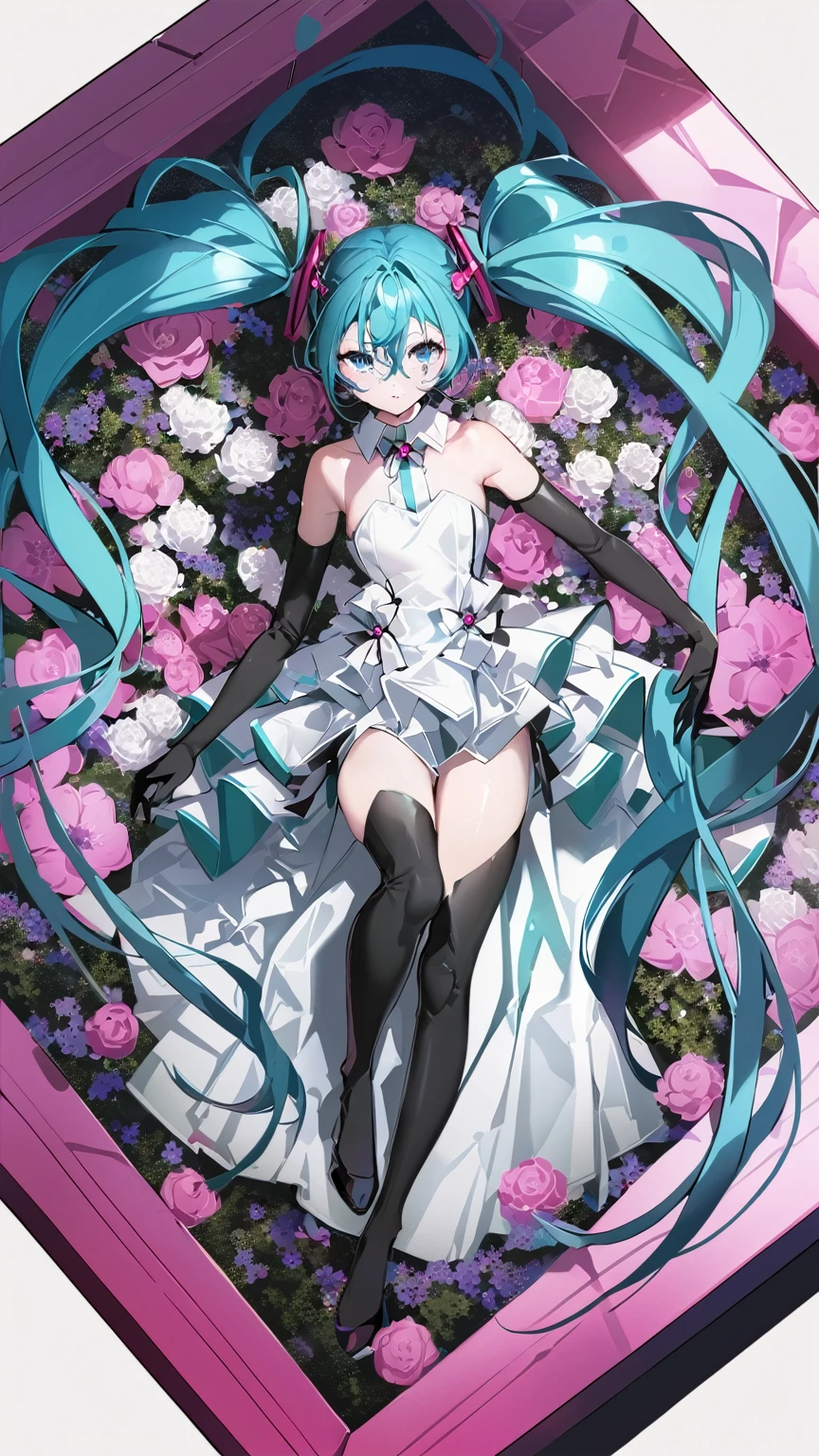 masterpiece, Highest quality, One girl, alone, Long Hair, hatsune miku, Twin tails, very Long Hair, dress, Blue Hair, gloves, whole body, blue eyes, floating, View your viewers, hair ornaments, No sleeve, black gloves, Multicolored Hair, Facial blemishes, No sleeve dress, flower, Part your lips, absurdly Long Hair, elbow gloves, white dress, Hair between the eyes, Bare shoulders