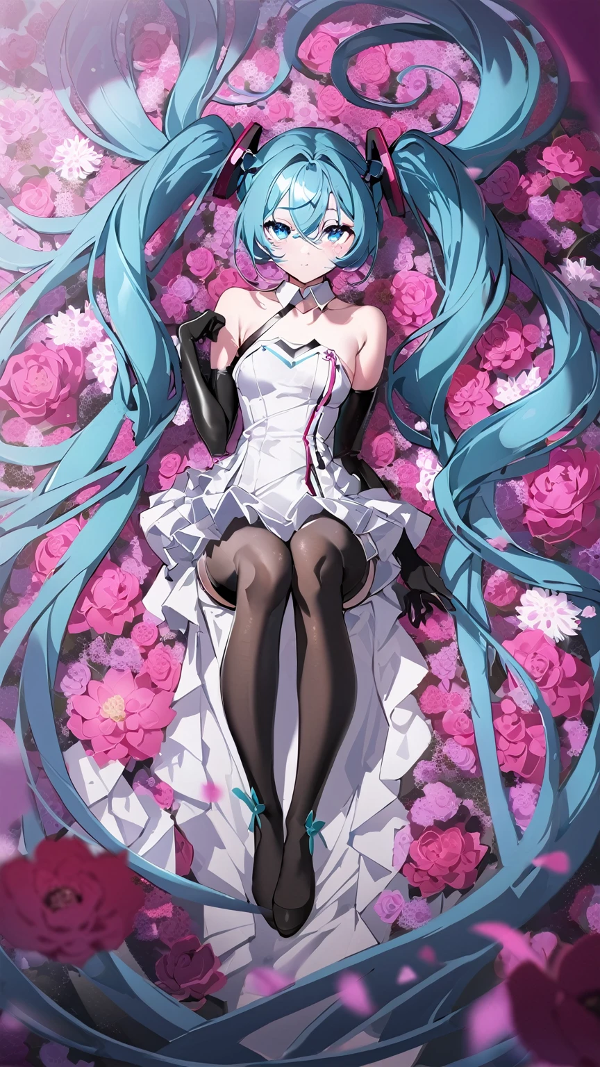 masterpiece, Highest quality, One girl, alone, Long Hair, hatsune miku, Twin tails, very Long Hair, dress, Blue Hair, gloves, whole body, blue eyes, floating, View your viewers, hair ornaments, No sleeve, black gloves, Multicolored Hair, Facial blemishes, No sleeve dress, flower, Part your lips, absurdly Long Hair, elbow gloves, white dress, Hair between the eyes, Bare shoulders