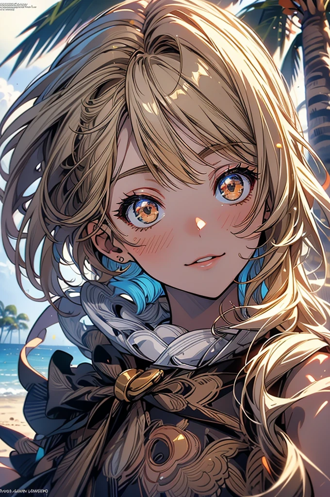masterpiece, rich colors, Best quality, detailed, high resolution, Hyper quality, high detail, , high quality, detailing, skinny sexy girl on the beach , bright lighting , Brown eyes, Anime, palm trees, bright lighting, blonde,