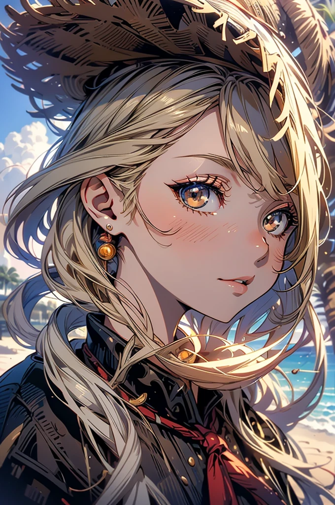 masterpiece, rich colors, Best quality, detailed, high resolution, Hyper quality, high detail, , high quality, detailing, skinny sexy girl on the beach , bright lighting , Brown eyes, Anime, palm trees, bright lighting, blonde,