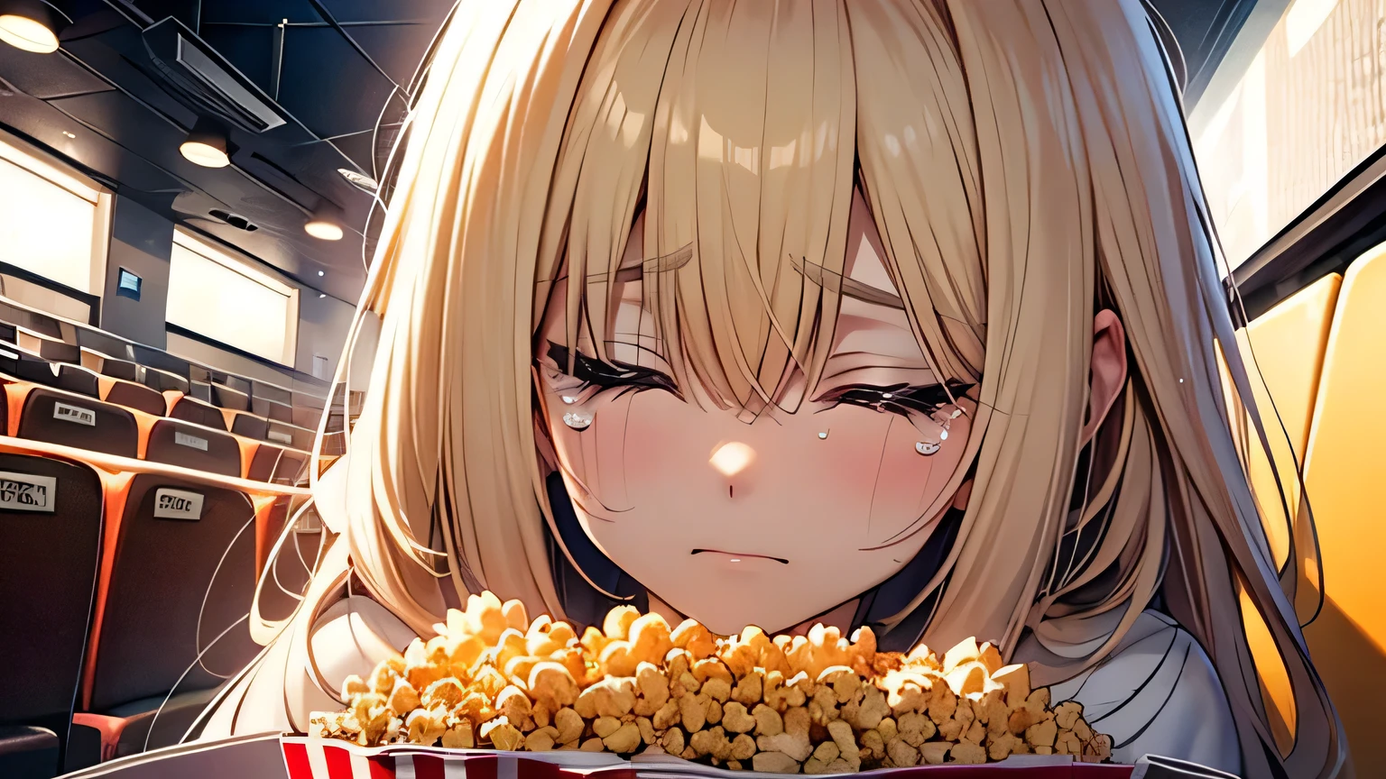 ((Highest quality)), ((masterpiece)), (detailed), One girl, movie theatre、Tears、Close ~ eyes、Sad、blonde、Smooth Hair、Popcorn、