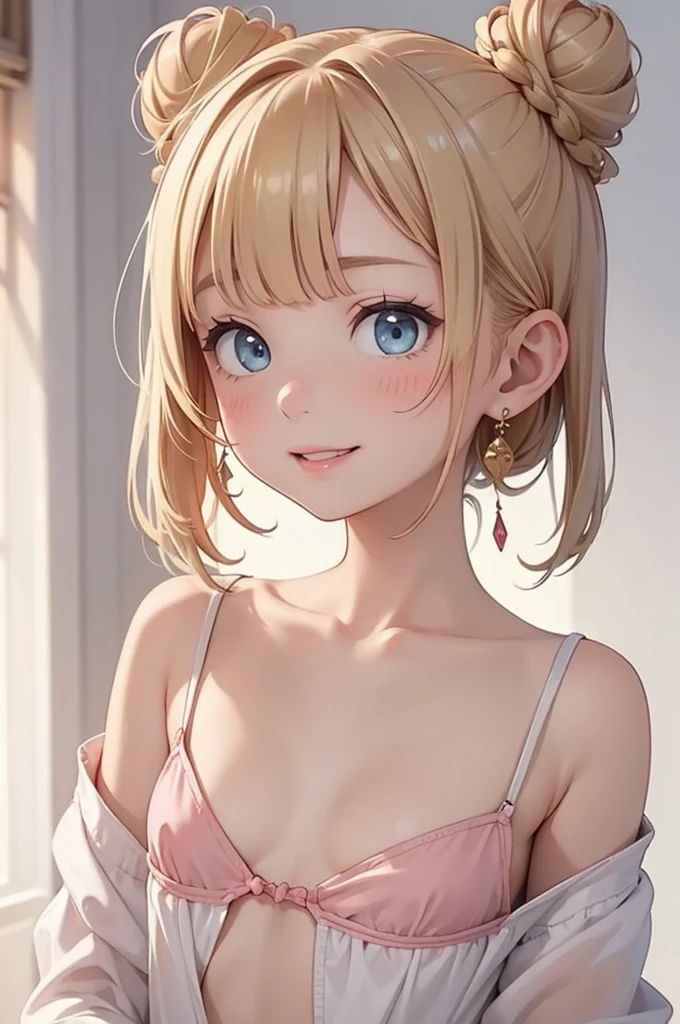 Cute Girl, (ash blond hair), ((very bun hair)), Perfect face, Innocent smile, Upper body,(Cerulean Eyes), (Yan), (Petite), (slender), ((flat chest)), ((16 only)), Skindentation, Extreme Detail, charming oval face, Red lips, Pink, Glossy skin, detailed hairs, Face Focus, Close-up chest, Luxurious hair ornaments, Gold Earrings, ((1 girl)), Embarrassed expression,