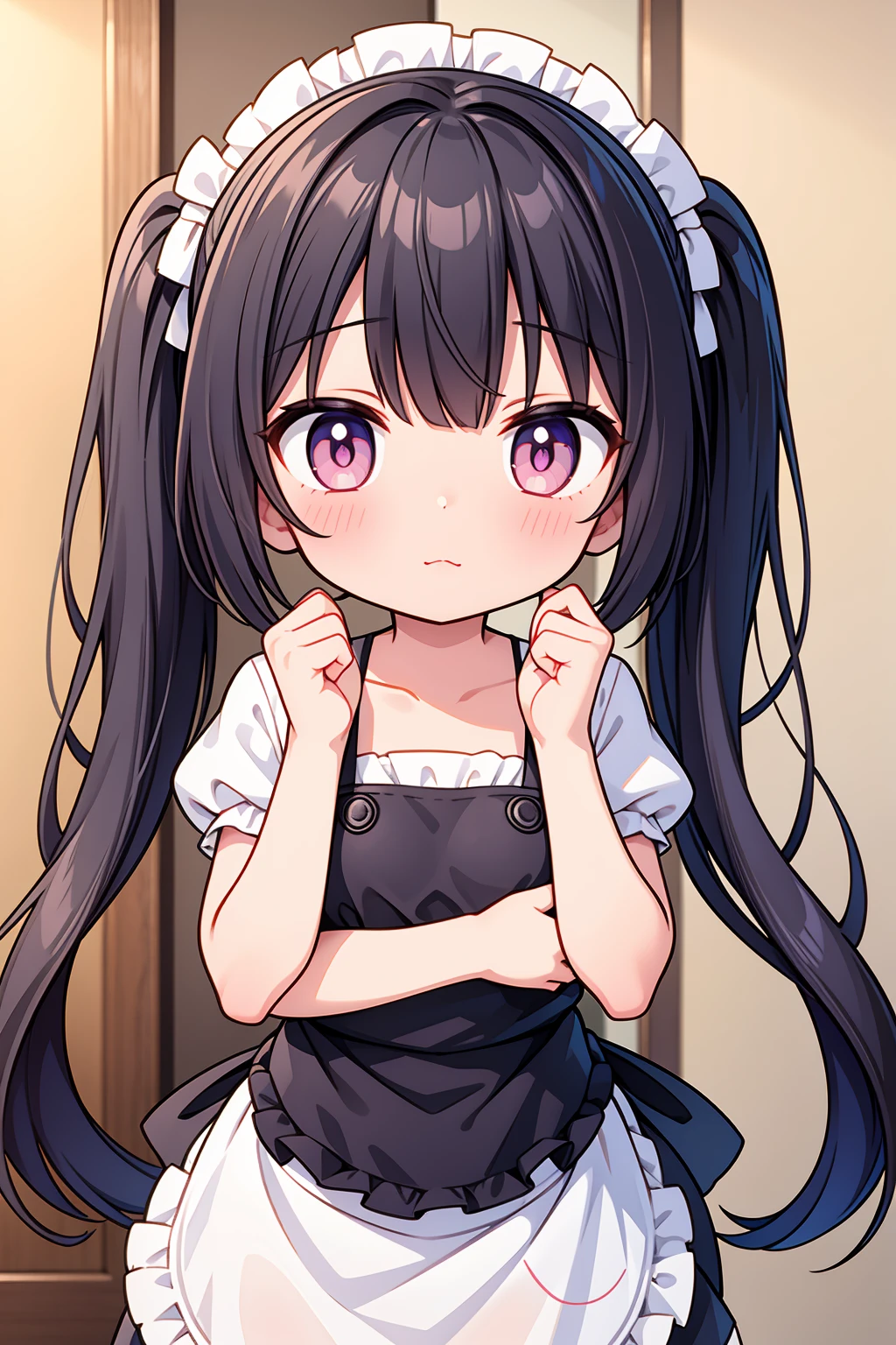 (8K, Highest image quality, highest quality, masterpiece), detailed face, (()), ((girl)), (little lolive) , black hair, short twintails, pink eyes, small breasts, naked apron, cowboy shot, put your hand on your mouth, kitchen background, ((very blushing)), ((detailed hands and fingers)), viewer perspective from below, (very blushing), apron only, (rest of the naked body)