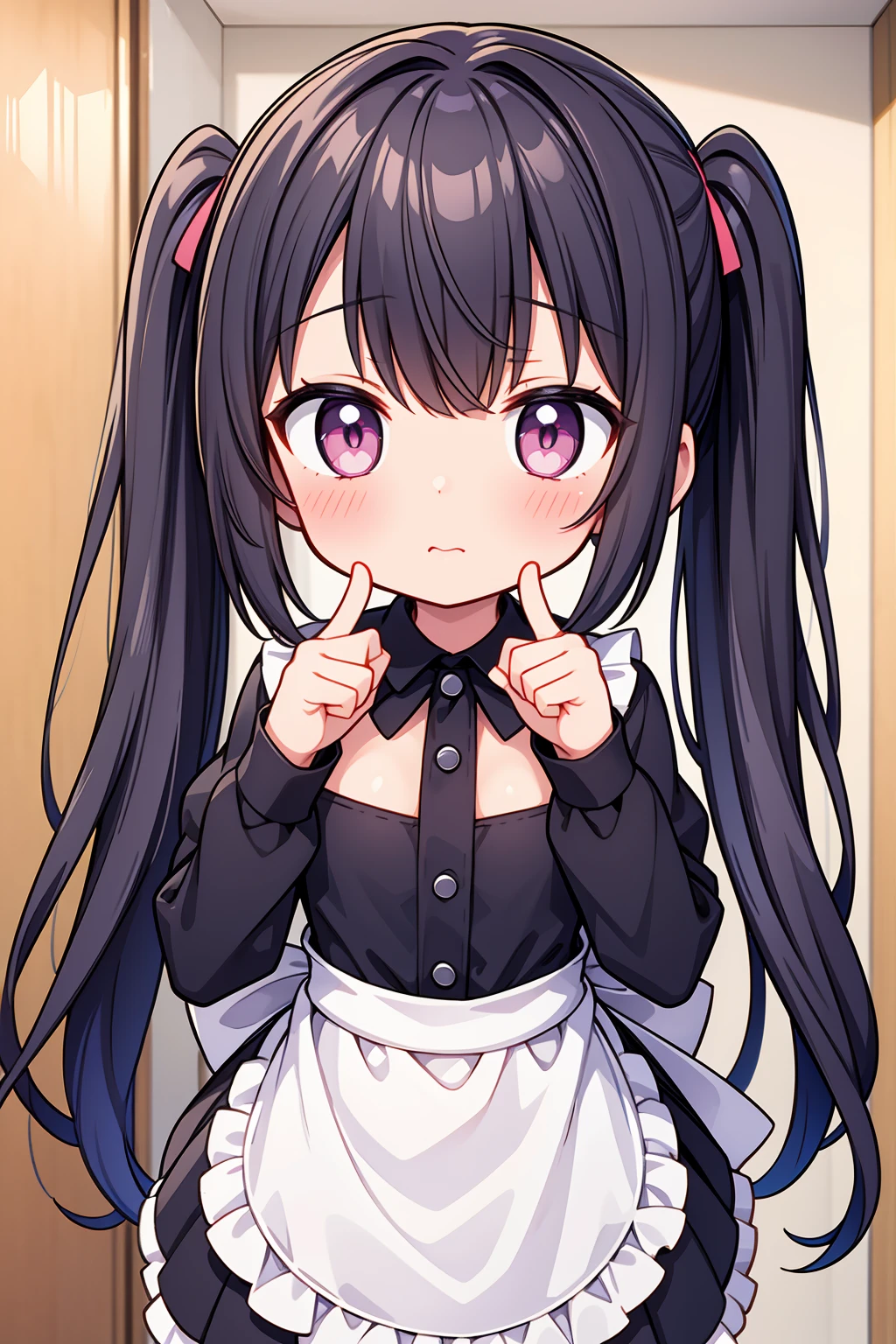 (8K, Highest image quality, highest quality, masterpiece), detailed face, ((loli)), ((girl)), (little loli curve) , black hair, short twintails, pink eyes, small breasts, naked apron, cowboy shot, put your hand on your mouth, kitchen background, ((very blushing)), ((detailed hands and fingers)), viewer perspective from below, (very blushing), apron only, (rest of the naked body)