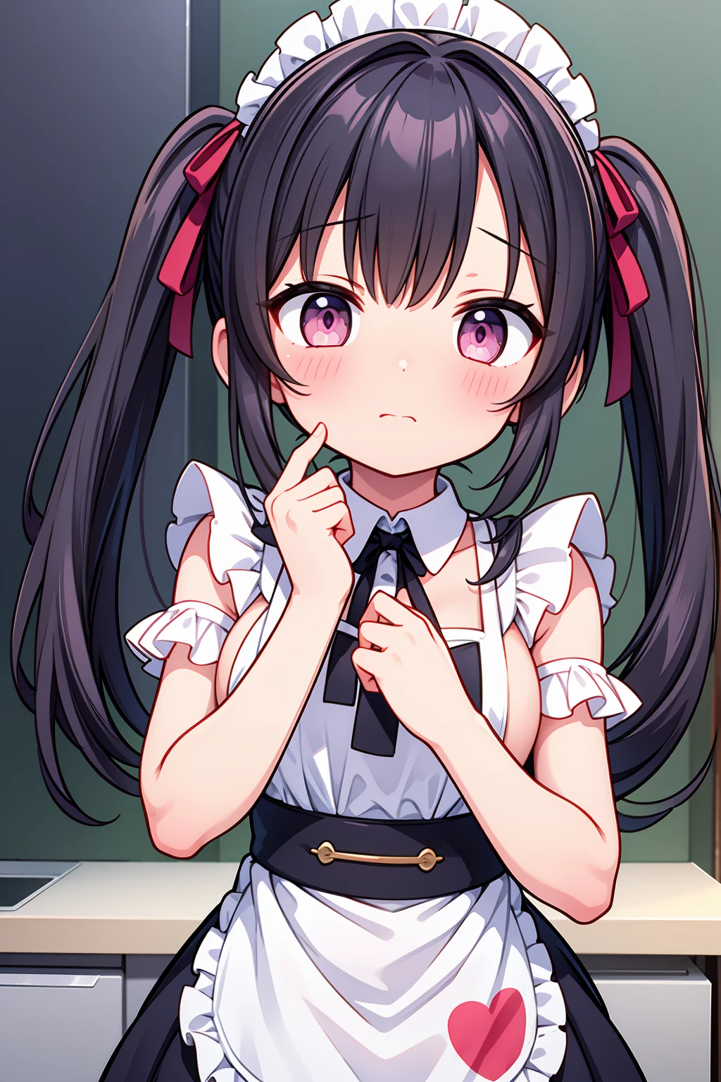 (8K, Highest image quality, highest quality, masterpiece), detailed face, ((loli)), ((girl)), (little loli curve) , black hair, short twintails, pink eyes, small breasts, naked apron, cowboy shot, put your hand on your mouth, kitchen background, ((very blushing)), ((detailed hands and fingers)), viewer perspective from below, (very blushing), apron only, (rest of the naked body)