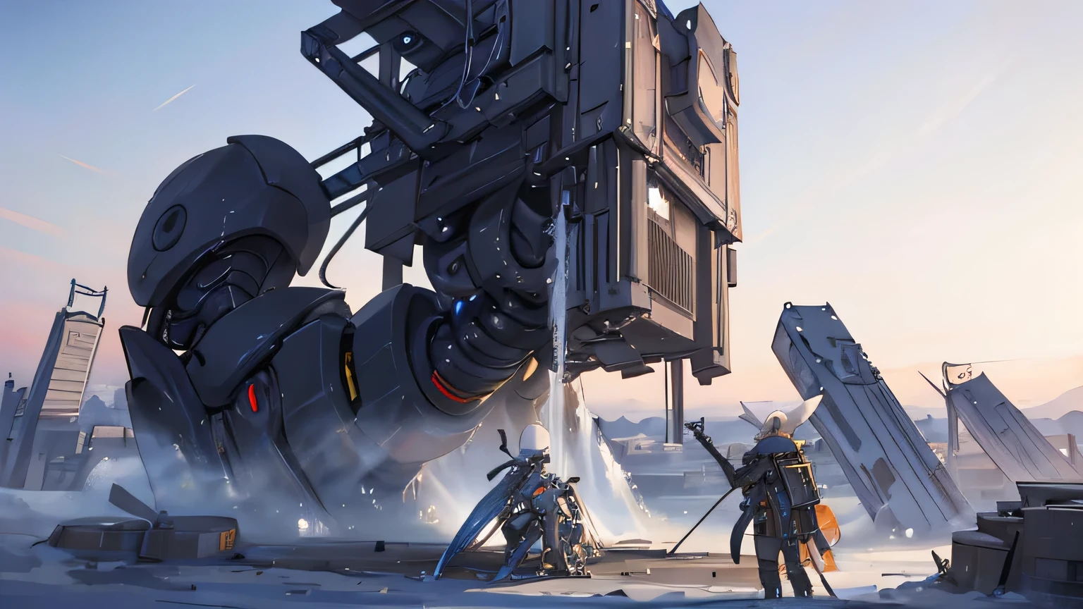 A photorealistic image of a giant robotic hand reaching towards a diverse group of people, representing different professions. The background should be a cityscape with a mix of modern and traditional buildings, symbolizing the changing landscape of work. Use contrasting colors to highlight the tension between the AI and the human workforce.