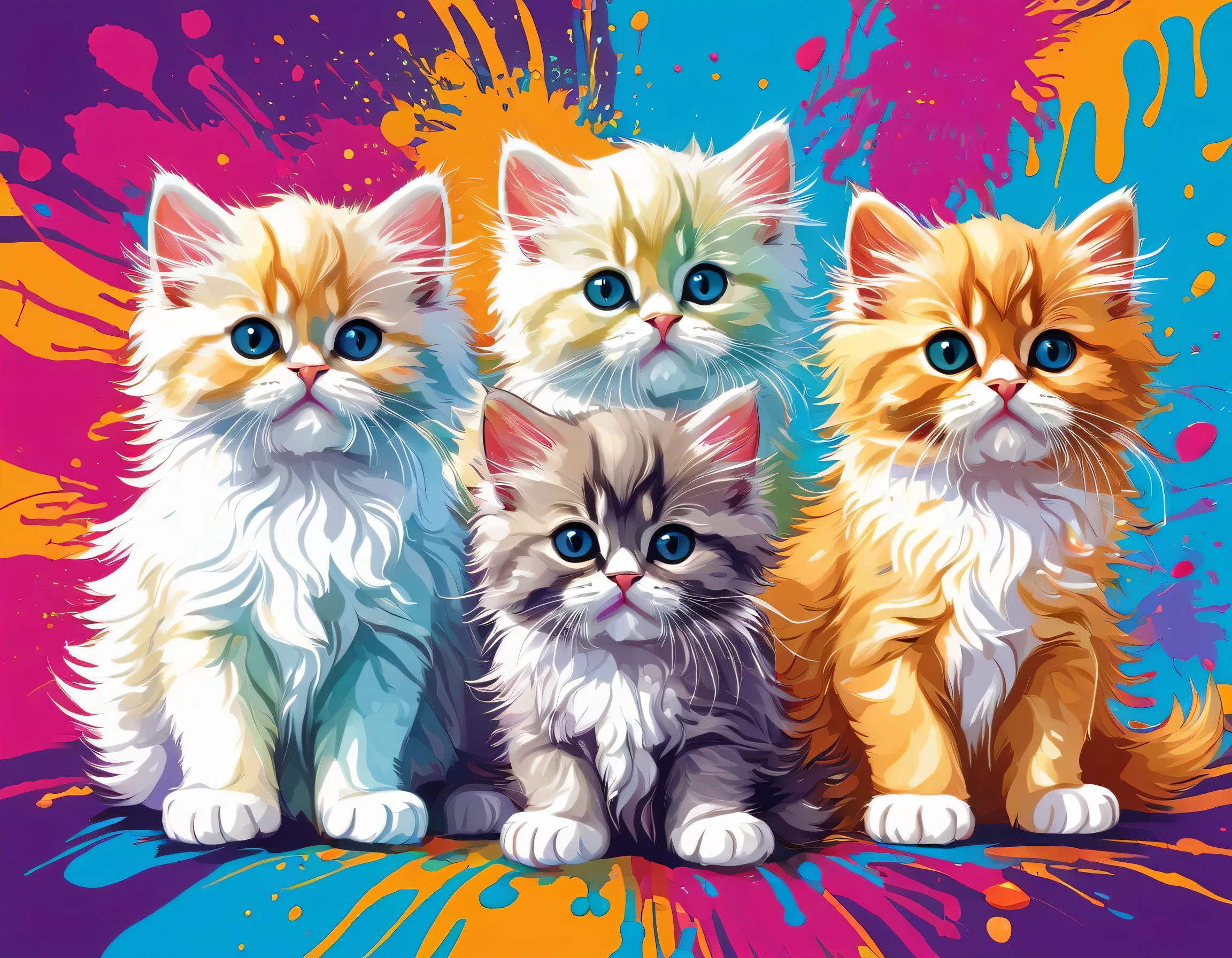 Vector Art, Colorful illustration with lots of cute Persian kittens, In the center, Vibrant colors, Paint splatters and stains, High Detail,Hawaiian style background