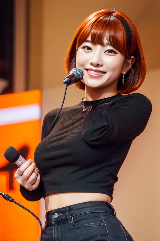 Please create an image of a Japanese woman in her 20s who looks like an idol、Black blouse、Facing forward、Short Bob、Orange Hair、indoor、Ultra HD、Highest Resolution、Put your entire upper body in、Hold the microphone、smile, Vertical aspect ratio