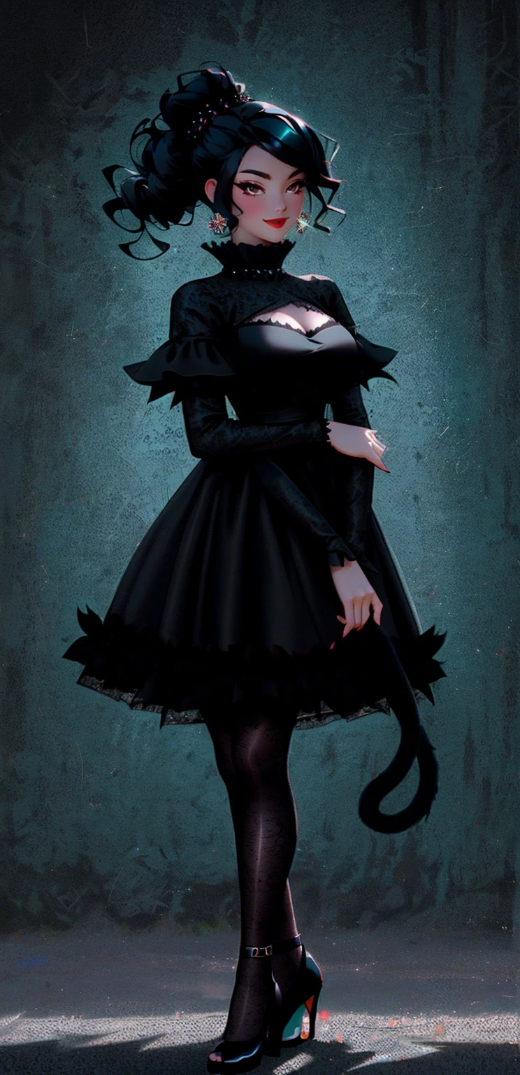 A Cat girl wearing black lacey dress, Fantasy outfit. Black curly hair in an updo with feathers as a cowl, with teal eyes and red makeup, full body, gothic, grungey, smirk, mischevious smile, cat girl, feathered dress, crow dress, black magic, witch