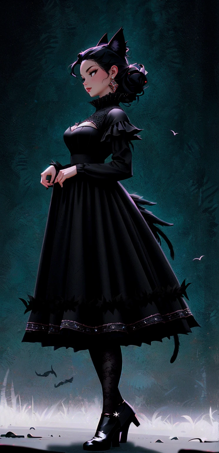 A Cat girl wearing black lacey dress, Fantasy outfit. Black curly hair in an updo with feathers as a cowl, with teal eyes and red makeup, full body, gothic, grungey, smirk, mischevious smile, cat girl, feathered dress, crow dress, black magic, witch
